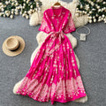 Korean style red printed embroidered dress - women's summer retro high-waisted tie-waist elegant a-line dress - commute outfit