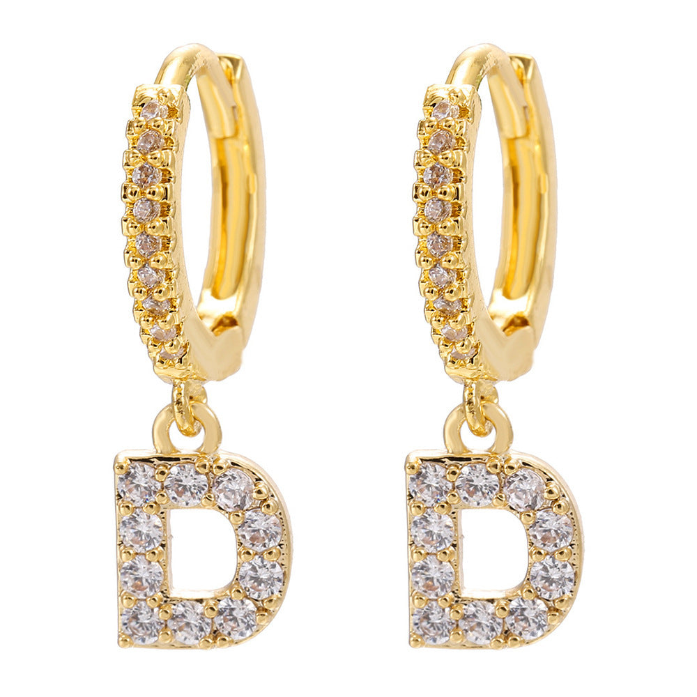 European and american gold-plated micro-paved zircon 26-letter initial pendant earrings - fashionable, unique, high-end, and chic hoop earrings with tassel detail