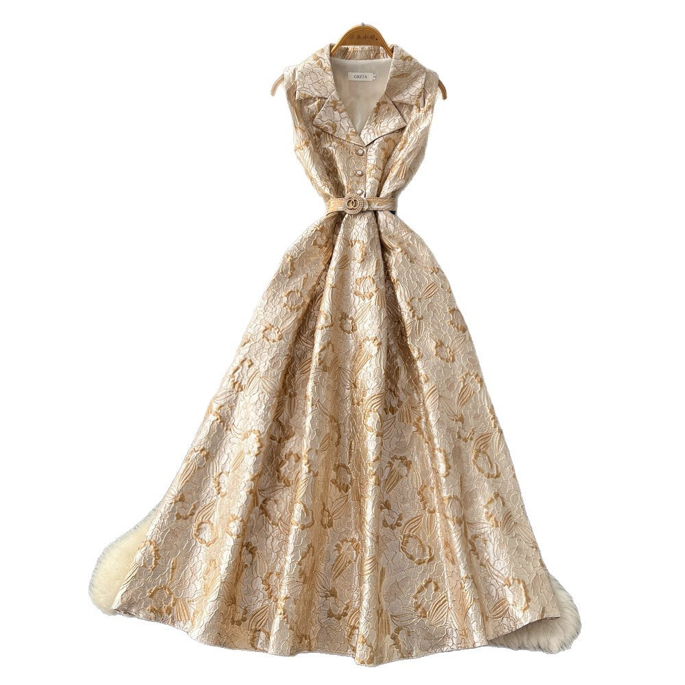 Elegant and chic jacquard dress with suit collar - sleeveless, tie-waist, slimming a-line maxi dress for women - perfect for summer