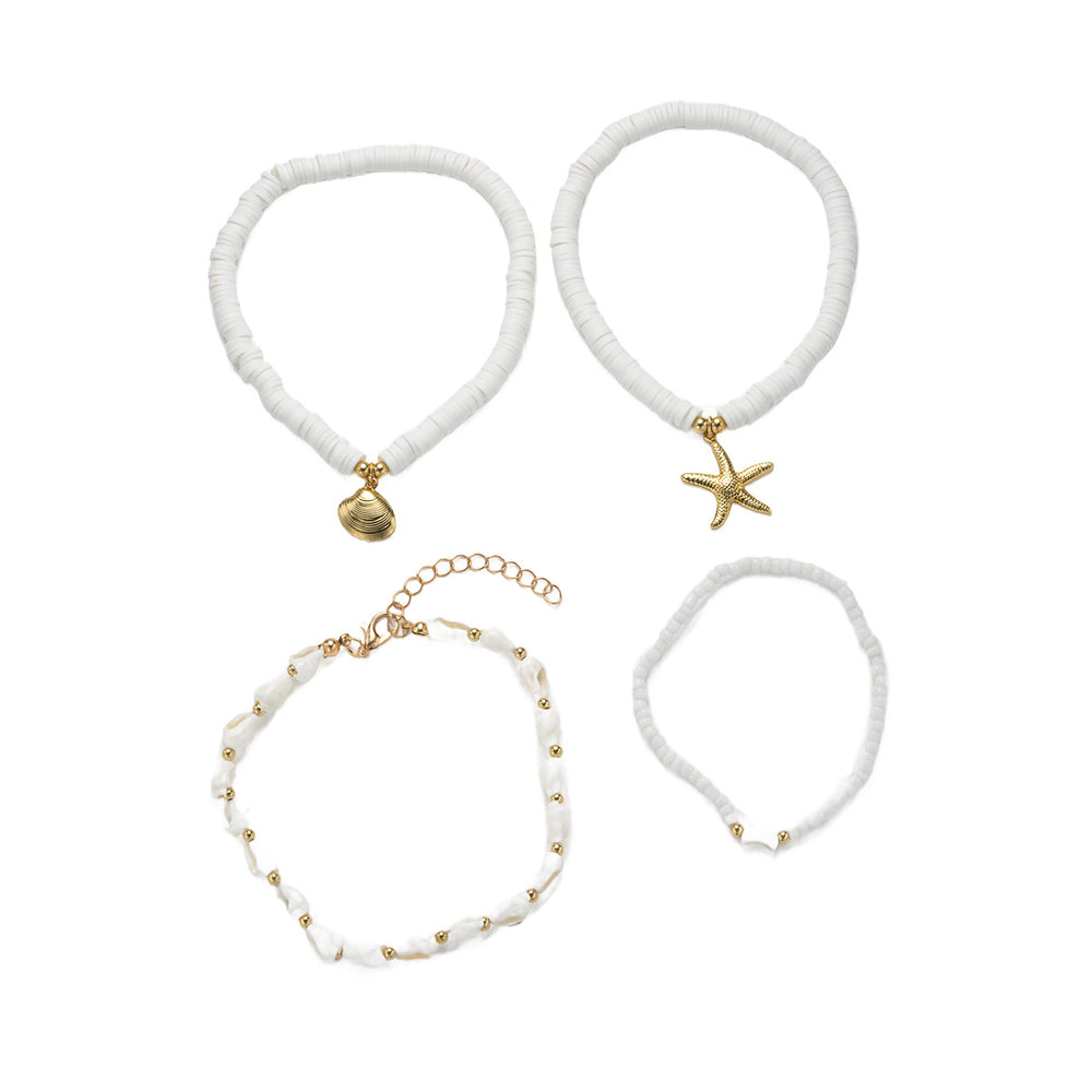 Fashion cross-border vacation style four-piece set shell anklet fashioncasual stacked multi-layered rice beads starfish braided anklet