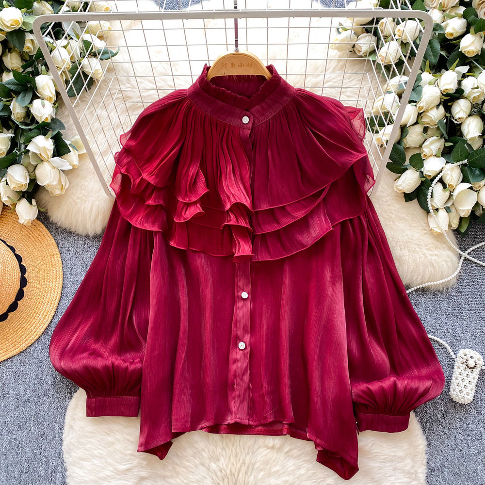 French retro court style wood ear trim blouse - women's early spring outfit, long sleeve ruffle detail, designer commute top