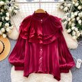 French retro court style wood ear trim blouse - women's early spring outfit, long sleeve ruffle detail, designer commute top