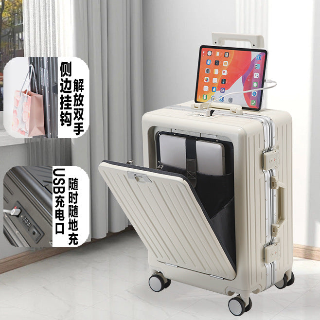 20-Inch aluminum frame front open suitcase women's small, lightweight and multi-functional charging travel trolley case password box