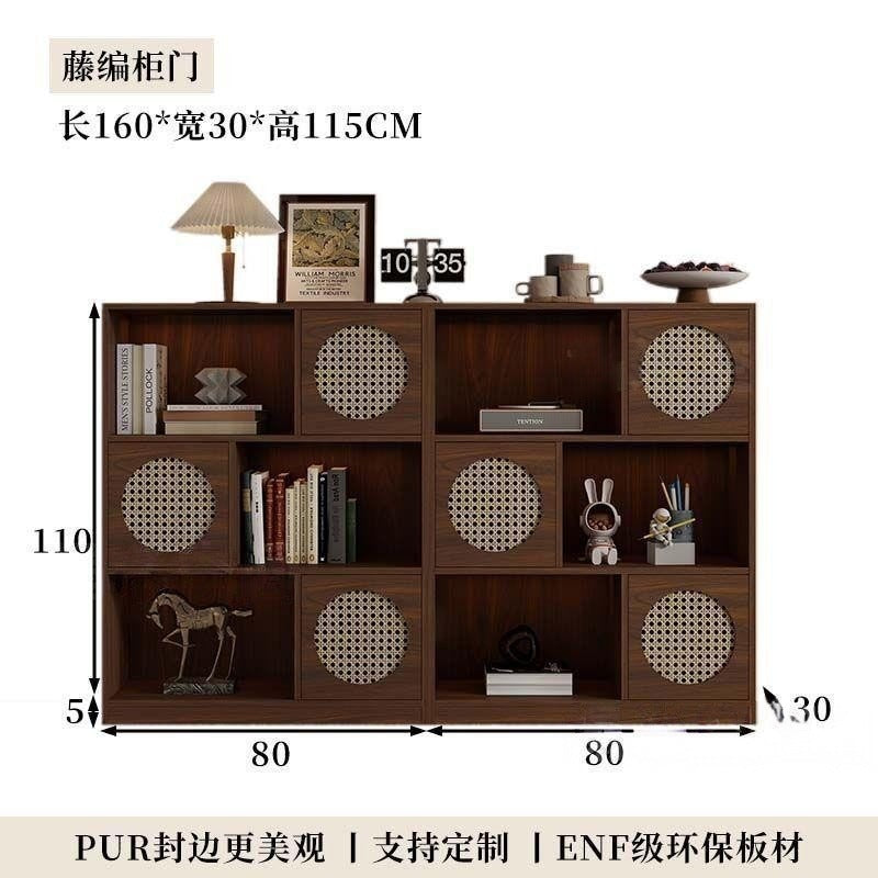 Half wall solid wood bookcase low cabinet storage cabinet all-in-one living room side cabinet combination cabinet storage rack color matching rattan bookshelf