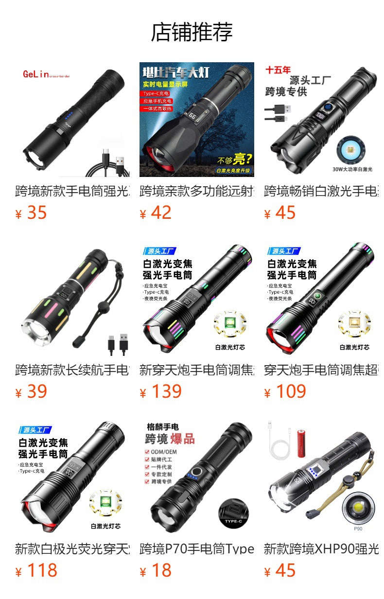 Cross-border new white laser USB charging long-range telescopic zoom LED strong light outdoor home super bright flashlight