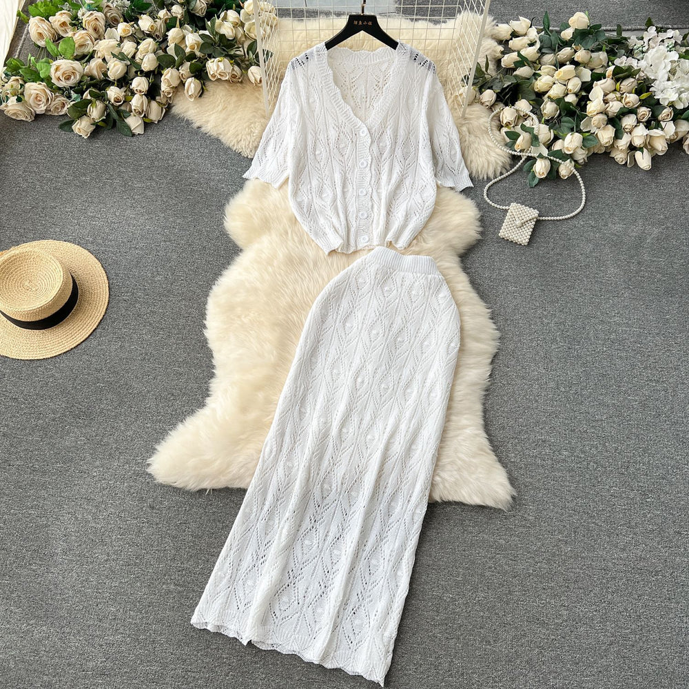 Korean style minimalist effortless outfit: knitted cardigan & high-waisted midi skirt set - trendy two-piece fashion