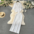 Korean style minimalist effortless outfit: knitted cardigan & high-waisted midi skirt set - trendy two-piece fashion