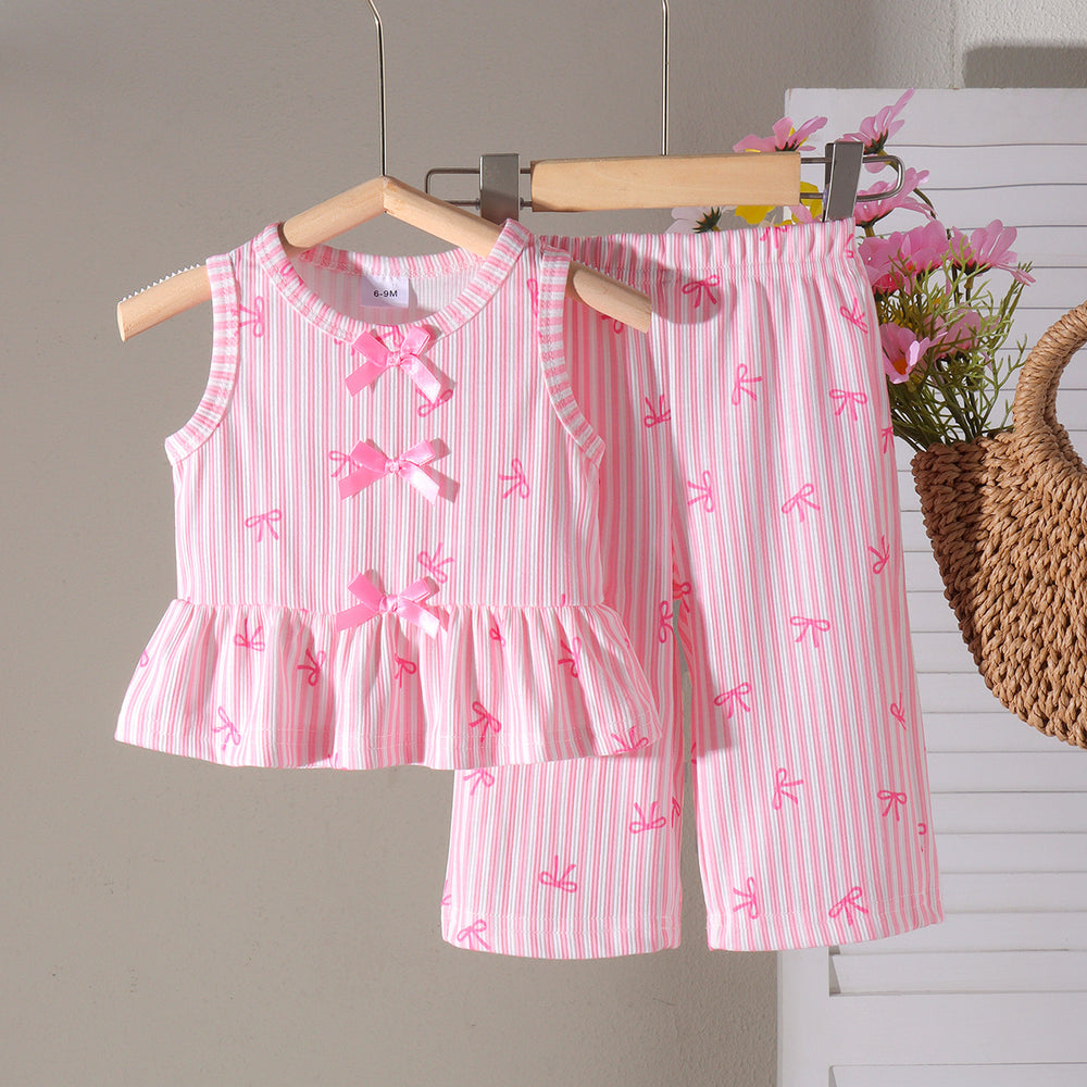 Children's clothing cross-border european and american girls bow pink vest + pants two-piece set