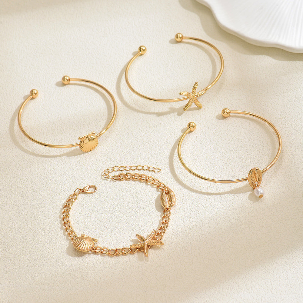 Wholesale ocean breeze bracelet set - european & american cross-border jewelry, seashell & starfish, elegant & versatile design, open bangle