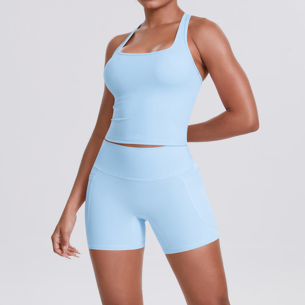 brushed pure color tight racerbackflap pocket pants shorts sports suit running fitness yoga wear two-piece set