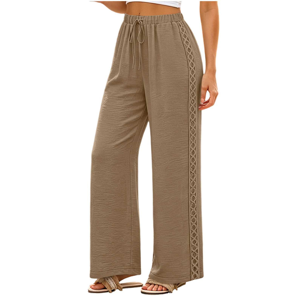 new european and american style women's fashion solid color lace trim elastic waistband pocket casual trousers