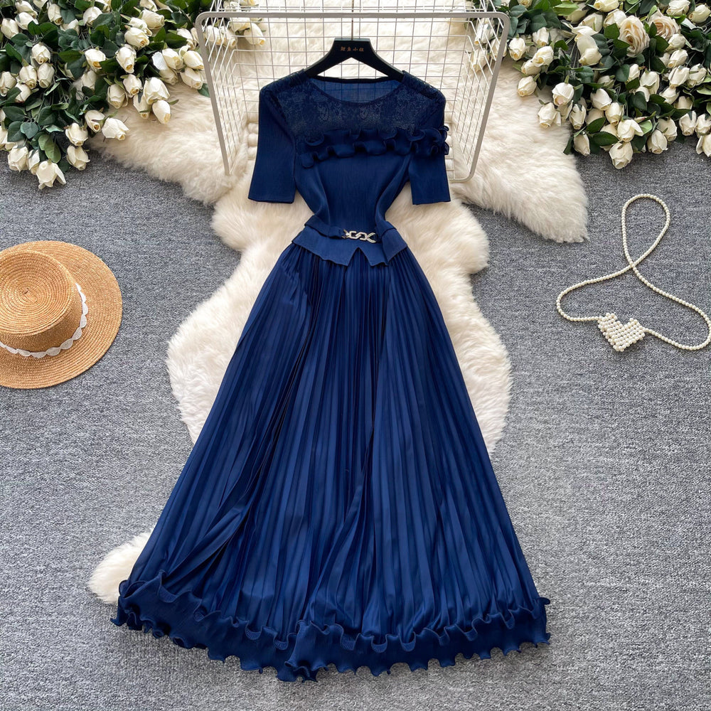 Lightly mature elegance style green pleated mesh dress women's short-sleeved high waist waist pleated long skirt work clothing socialite style