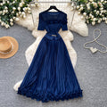 Lightly mature elegance style green pleated mesh dress women's short-sleeved high waist waist pleated long skirt work clothing socialite style