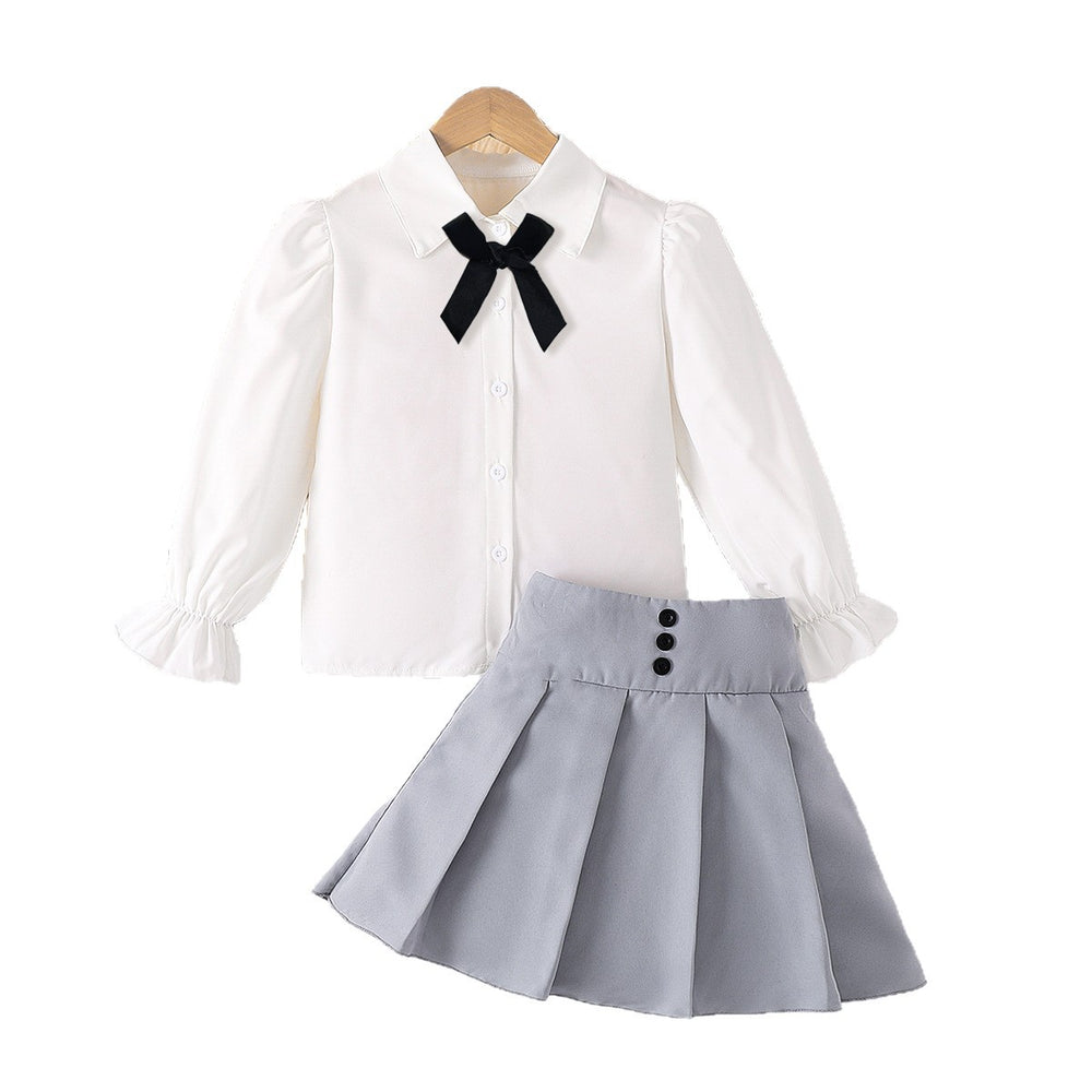 Girls' foreign trade skirt set: white long-sleeve blouse with bow tie, high-waisted pleated skirt, preppy style children's outfit