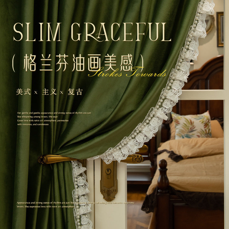 French retro olive green blackout curtains for living room and bedroom, velvet fabric, thickened curtain fabric, shaoxing curtain wholesale