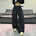 European and american style women's black and grey distressed rose embroidered wide leg jeans - vintage high street loose fit denim trousers