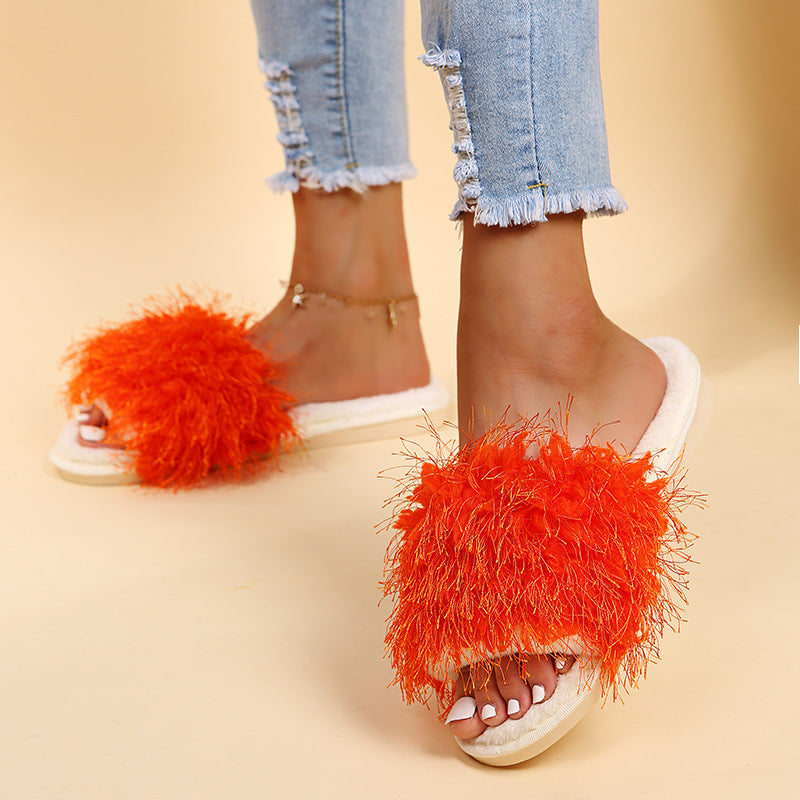 New one-strap plush slippers - amazon cross-border cotton slippers - candy colors - autumn/winter korean style casual fuzzy slippers for women