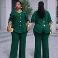 European and american cross-border african women's clothing  spring new fashion v-neck solid color long sleeve top and high-waisted pants set