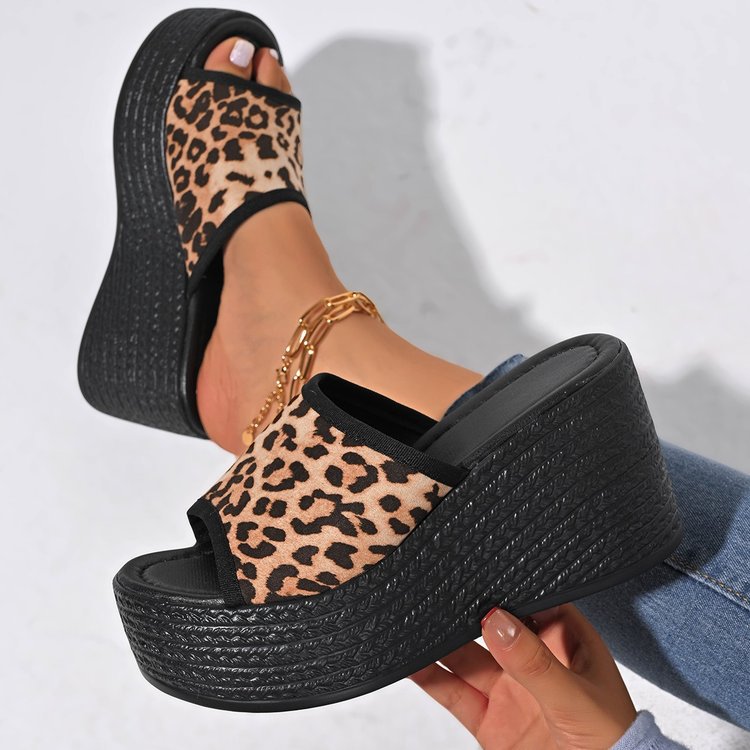Plus size leopard print platform wedge heel one-line sandals women's casualexportthick solepetites beach shoes summer