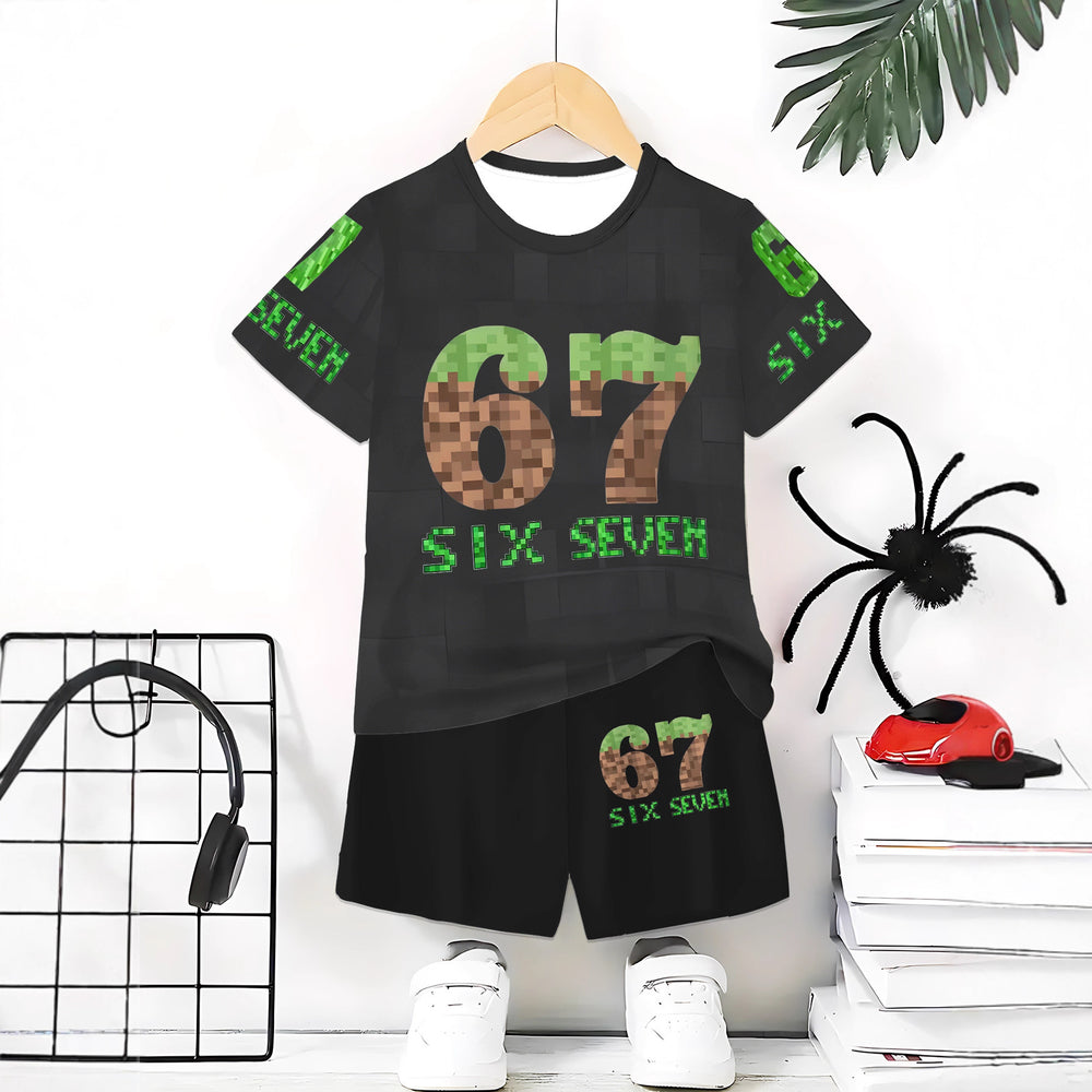 "stylish digital 67 print," perfect for summer wear, boys' outdoor sports t-shirt set