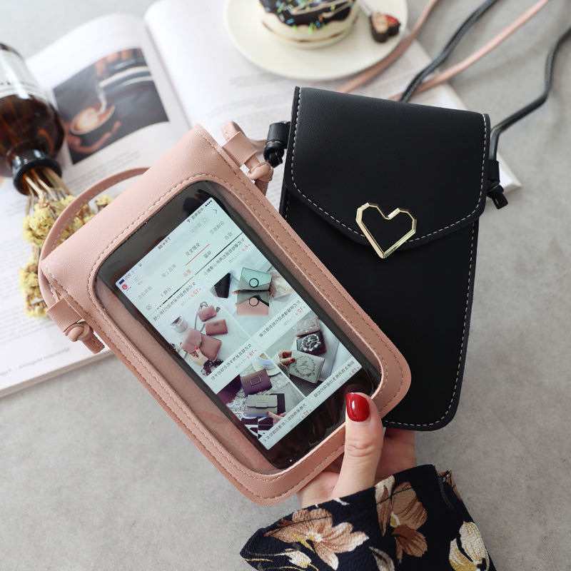 Simple Women's Wallet Mini Crossbody Shoulder Bag PVC Mobile Phone Bag Wallet Touch Screen Heart Leather Tote Bag