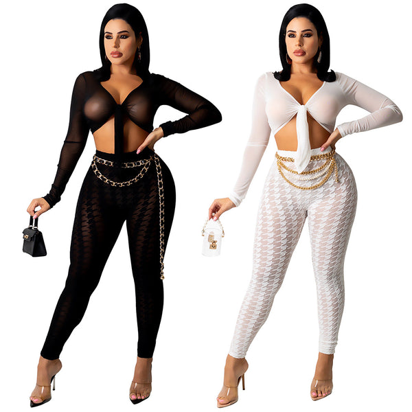 A7195 sexy European and American thousand bird grid mesh yarn V-neck waist two-piece nightclub