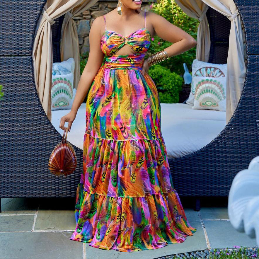 C8465   summer new arrival long dress - spaghetti strap, printed, sexy & fashionable, flowy maxi dress - european & american style
