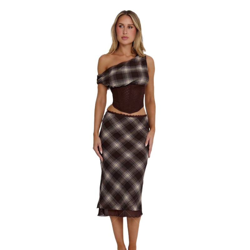 European and american women's clothing  summer new retro plaid asymmetrical neck mesh panel top and slim-fit midi skirt set