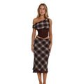 European and american women's clothing  summer new retro plaid asymmetrical neck mesh panel top and slim-fit midi skirt set