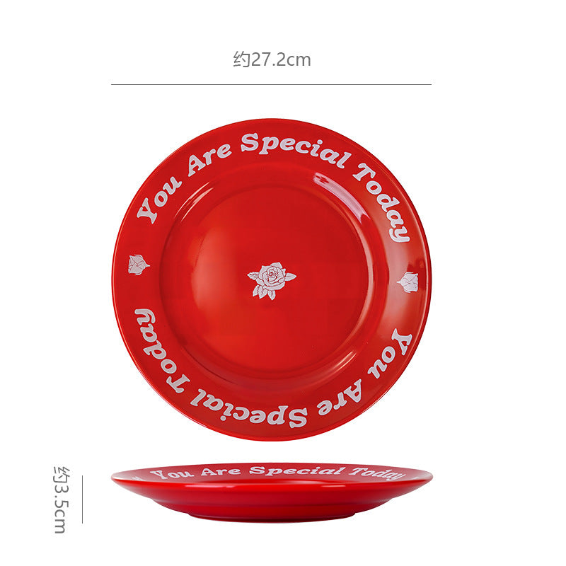 housewarming joy big red simple pure red ceramic fruit plate exquisite restaurant hotel western food steak plate pure color