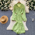 Light mature french style yellow shirt shorts two-piece set female autum be careful to expose the waist and waist slimming lookwork clothingsuit
