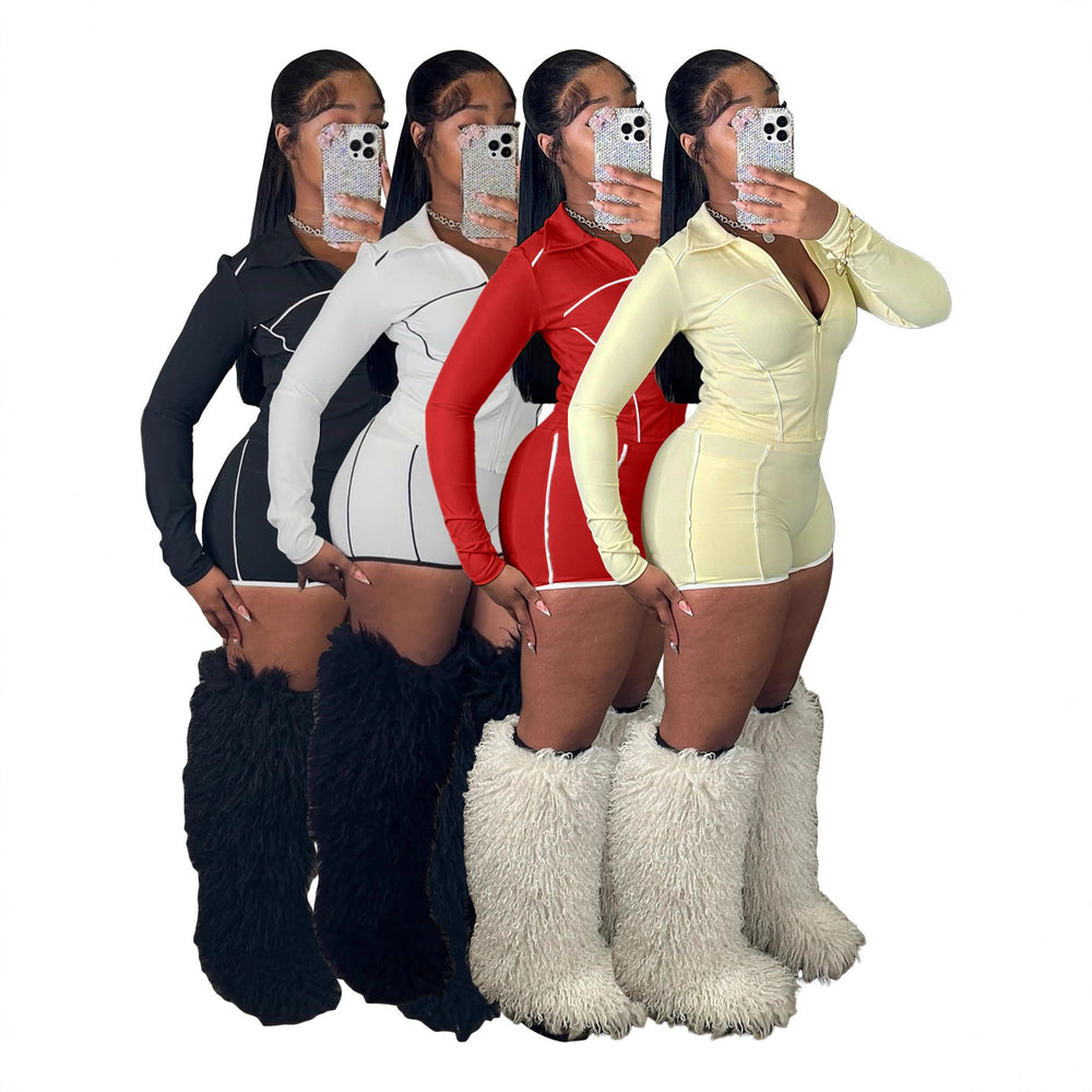 fashionfashion women's silm zipper long sleeves thumb button tops shorts two-piece set sports suit