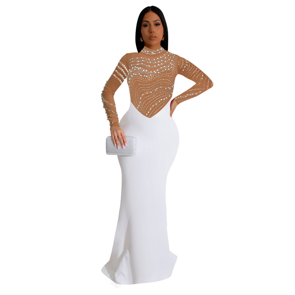 C7043 cross-border   independent station fashionfashion women's solid color hot diamond longdress new