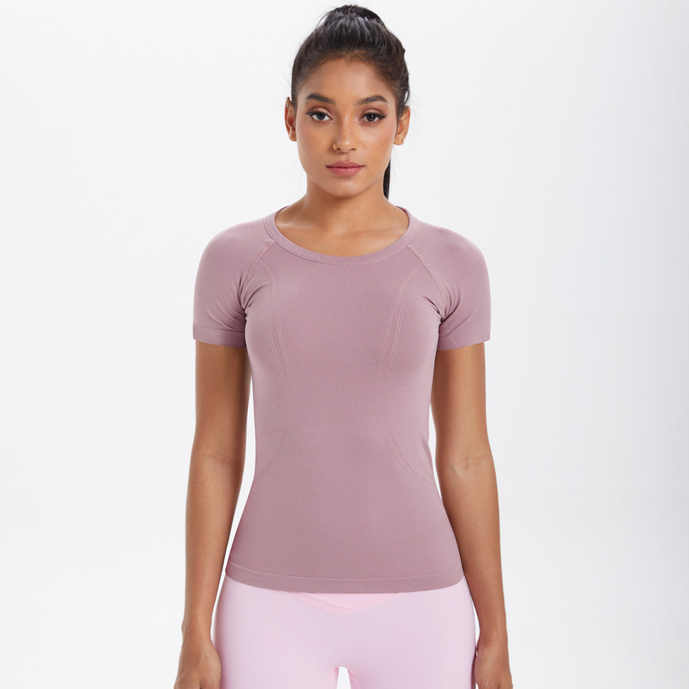 Spring/summer new one-piece knit short-sleeve crew neck sports t-shirt - running, fitness, slim-fit, breathable yoga top for women