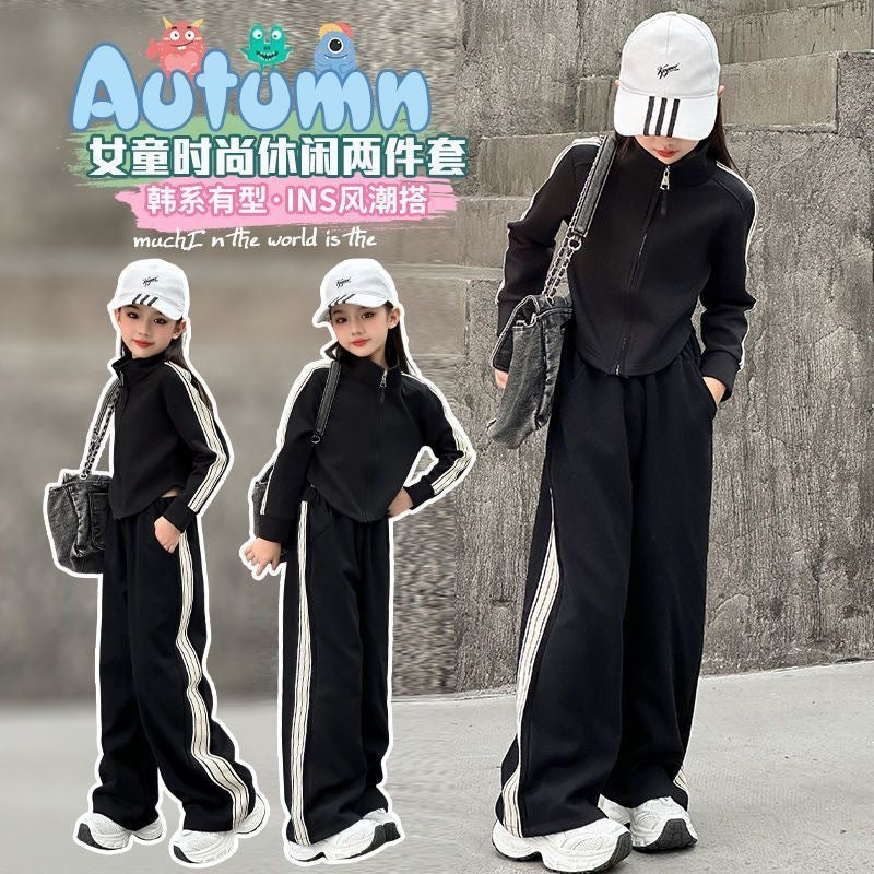 Girls' premium fashion activewear set - new korean style spring/autumn outfit: stylish top & wide-leg pants two-piece set