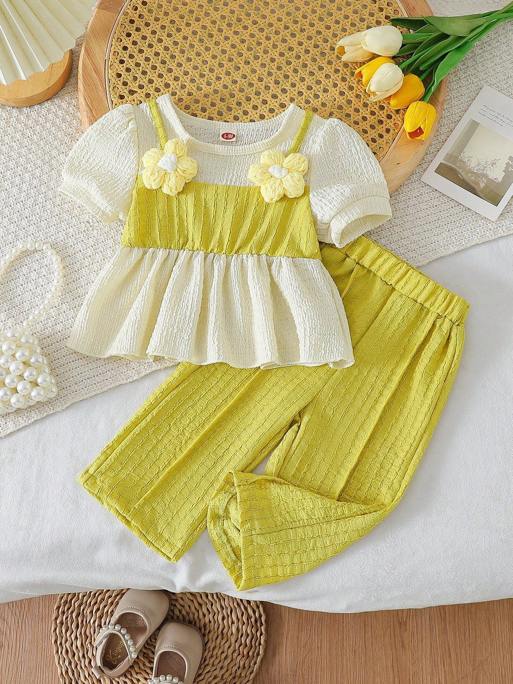 Children's clothing  fashion children's clothing cross-border girl beige tops + green pants