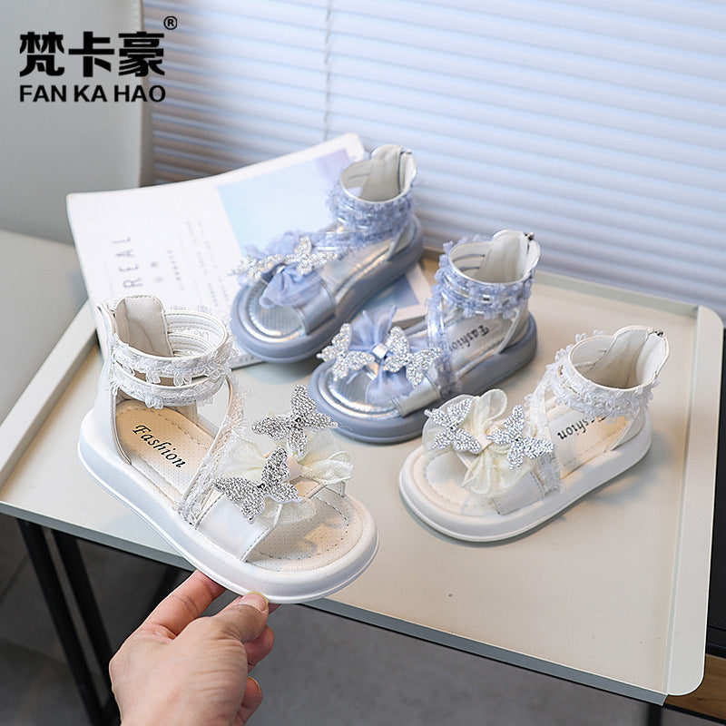 Vancahao girls' roman sandals -  summer new korean style kids' butterfly rhinestone princess sandals beach shoes