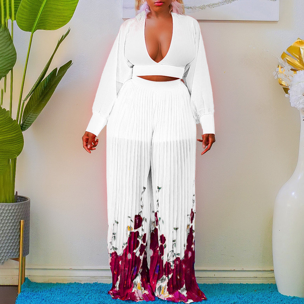 Independent station export wholesale v neck chiffon lantern sleeve tops pleated wide leg pants two-piece setfashionsuit