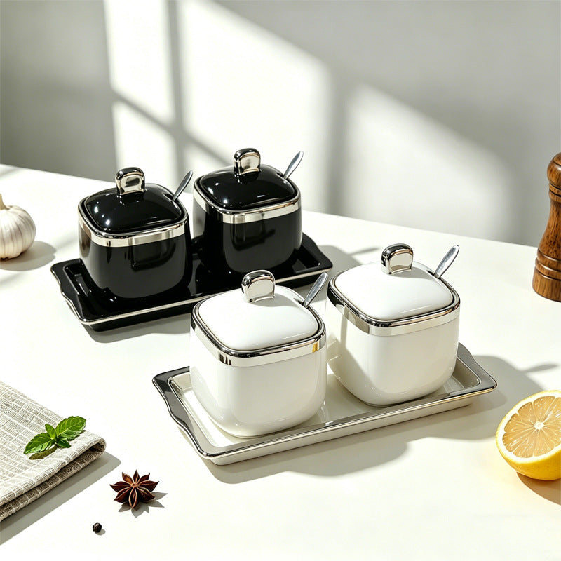 New ceramic seasoning jar set - complete home spice rack, salt & sugar bowl set with spoons - wholesale kitchen utensils