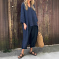 2025 amazon independent station fashionbest selling women's summerflap pocket pantsv neck 2-piece setpure colorloose cross-border women's clothing