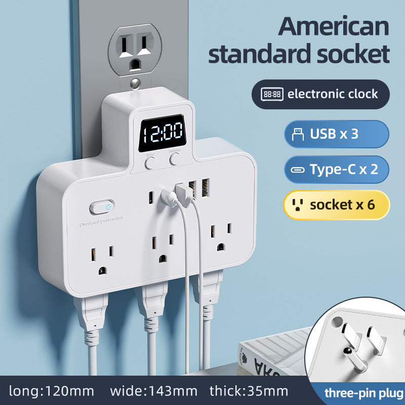 Us standard power strip, american plug adapter, us/canada converter, overload protection, ul/fcc certified, with clock
