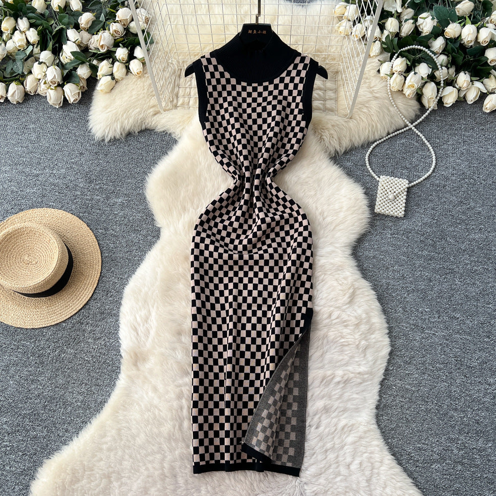 French chic high-end fashion color block knit dress - women's figure-flattering, slit hem, slim-fit tank dress