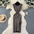 French chic high-end fashion color block knit dress - women's figure-flattering, slit hem, slim-fit tank dress