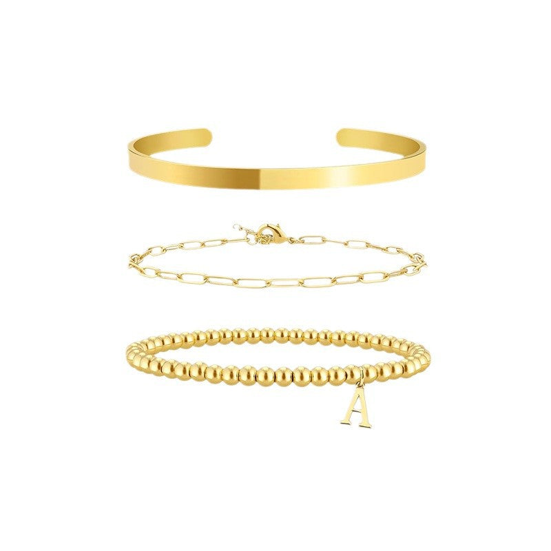 Amazon 26 letter pendant stainless steel gold beads beaded bracelet paper clip chain open bracelet stackable suit