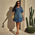 European and american cross-border independent station  summer new products lapel short sleeve loose dress denim shirt dress plus size