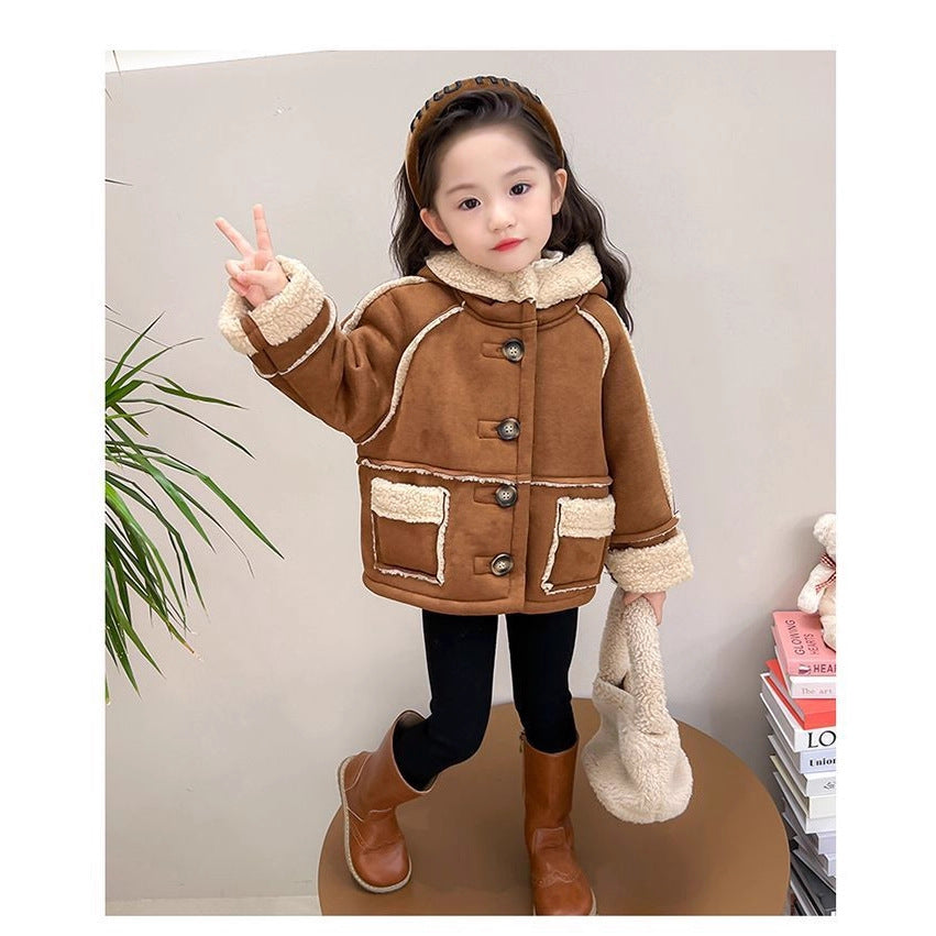 Girlwinterfleece outwearkids baby fur new arrivaltops style thickenedheattech lamb all-in-one winter clothing