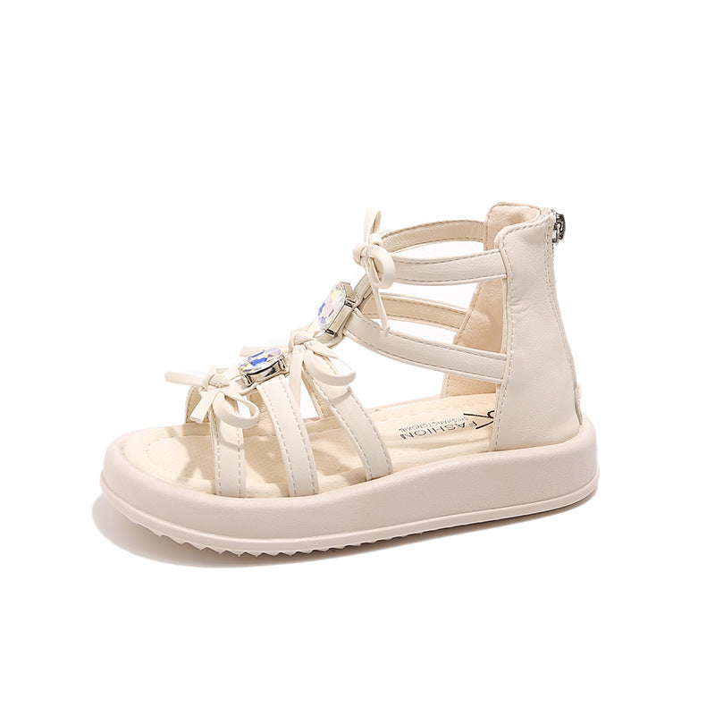 Children's Roman sandals 2025 summer new Korean version girls rhinestone bow princess shoes soft-soled beach shoes