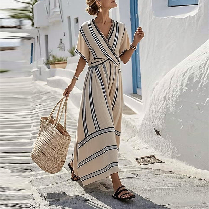 cross-border fashion: european & american summer new arrivals - women's stylish vacation v-neck short sleeve striped ruched maxi dress