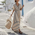 cross-border fashion: european & american summer new arrivals - women's stylish vacation v-neck short sleeve striped ruched maxi dress