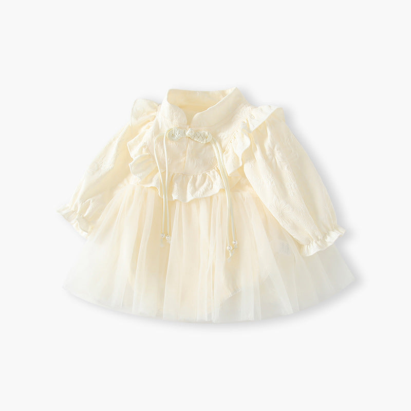 Baby clothes spring palace style khaki baby girl sweetcute mesh plate button long sleeves newborn baby skirt